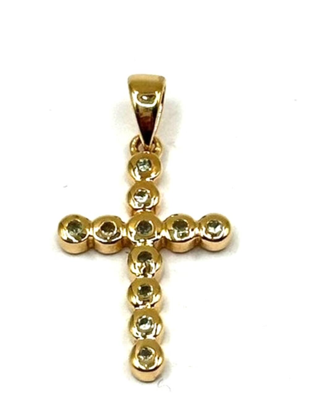 14k Yellow Gold Cross Pendant/ Charm with Green Stones